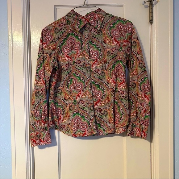 Talbots Stretch Poly Spandex Paisley Vibrant Colors Button Down Shirt Size 10P - Picture 2 of 8